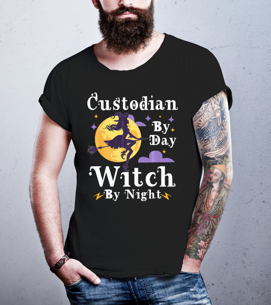 Custodian By Day Witch By Night Flying Broomstick Moon And Stars T-Shirt