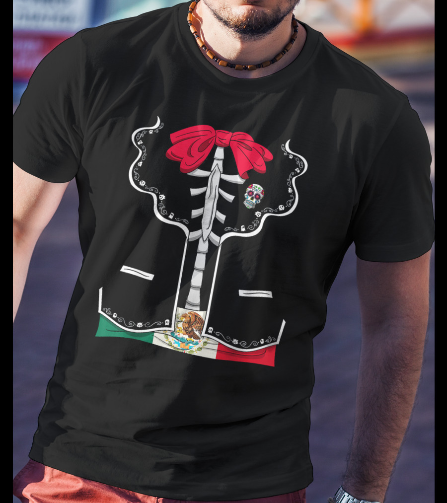 Day Of The Dead Dia De Los Muertos Mexican Skeleton Costume México Flag Sugar Skull Bow T-Shirt