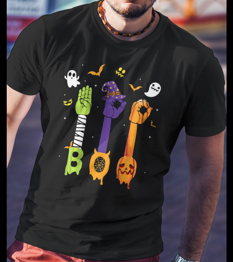 Boo Zombie Hand Sign Witch Hat Pumpkin Ghosts Halloween T-Shirt