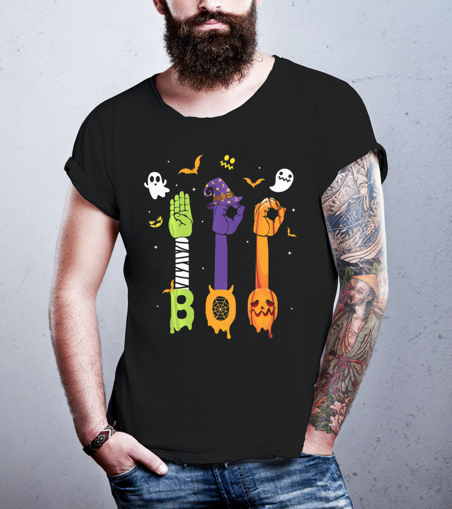 Boo Zombie Hand Sign Witch Hat Pumpkin Ghosts Halloween T-Shirt