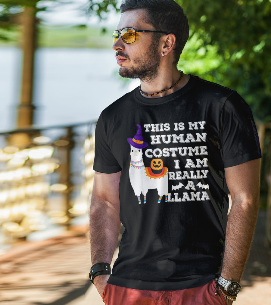 This Is My Human Costume I Am Really A Llama Halloween Witch Hat Pumpkin Bat T-Shirt
