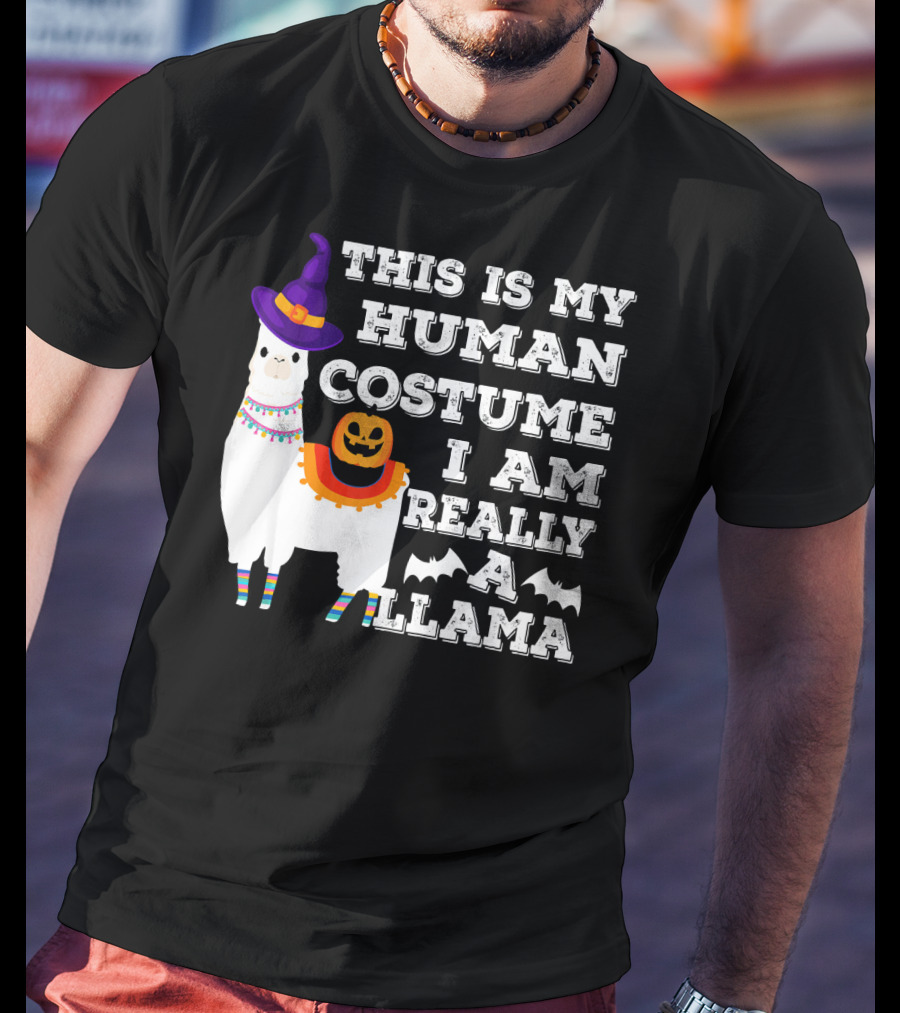 This Is My Human Costume I Am Really A Llama Halloween Witch Hat Pumpkin Bat T-Shirt
