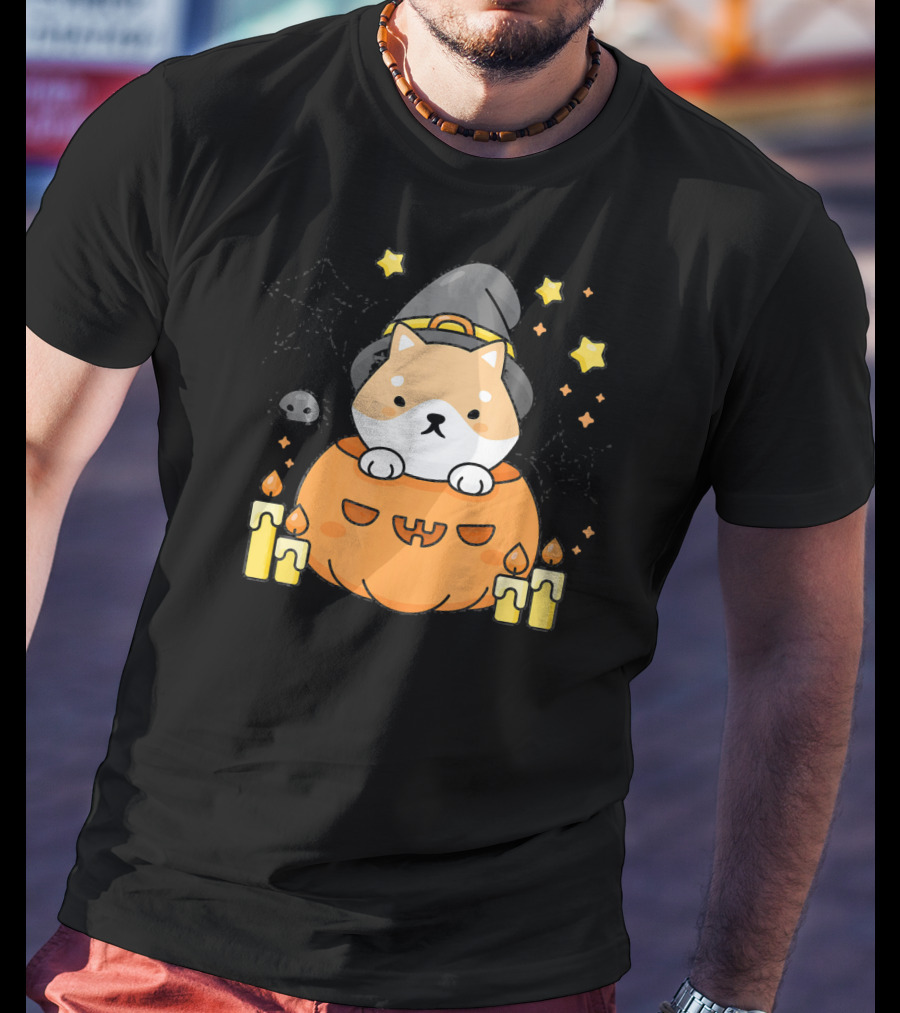 Kawaii Shiba Inu Dog In Witch Hat With Pumpkin And Candles Japanese T-Shirt