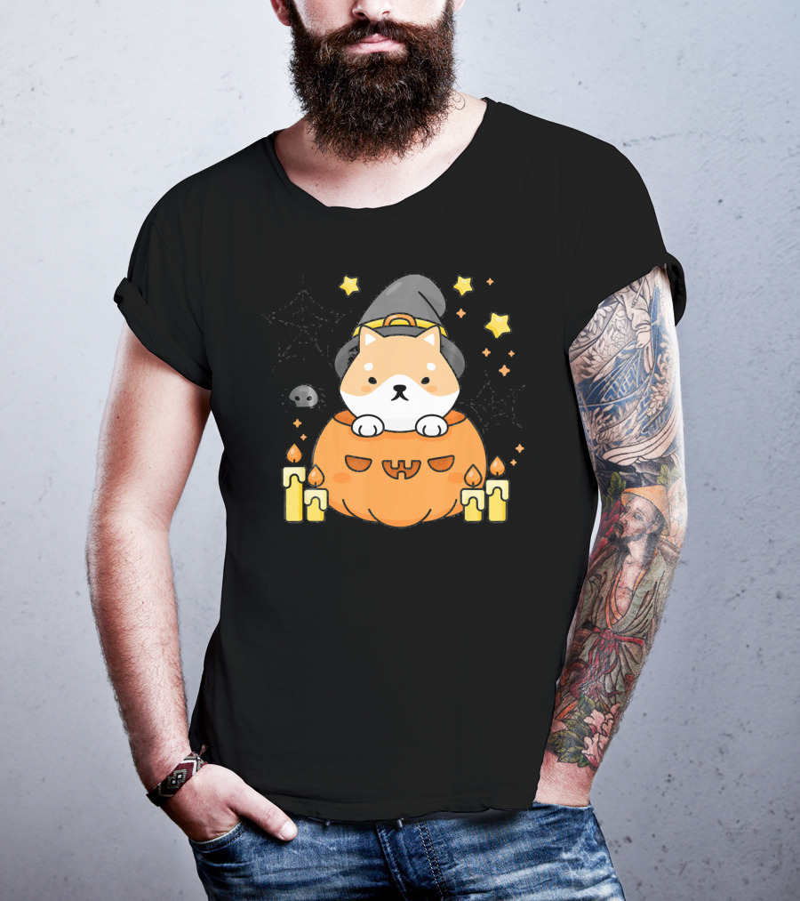 Kawaii Shiba Inu Dog In Witch Hat With Pumpkin And Candles Japanese T-Shirt