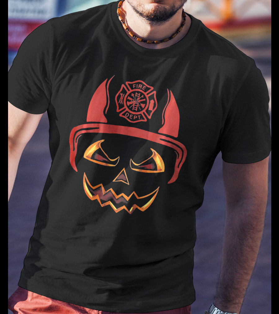 Fire Dept Pumpkin With Firefighter Helmet And Jack-O'-Lantern Face T-Shirt