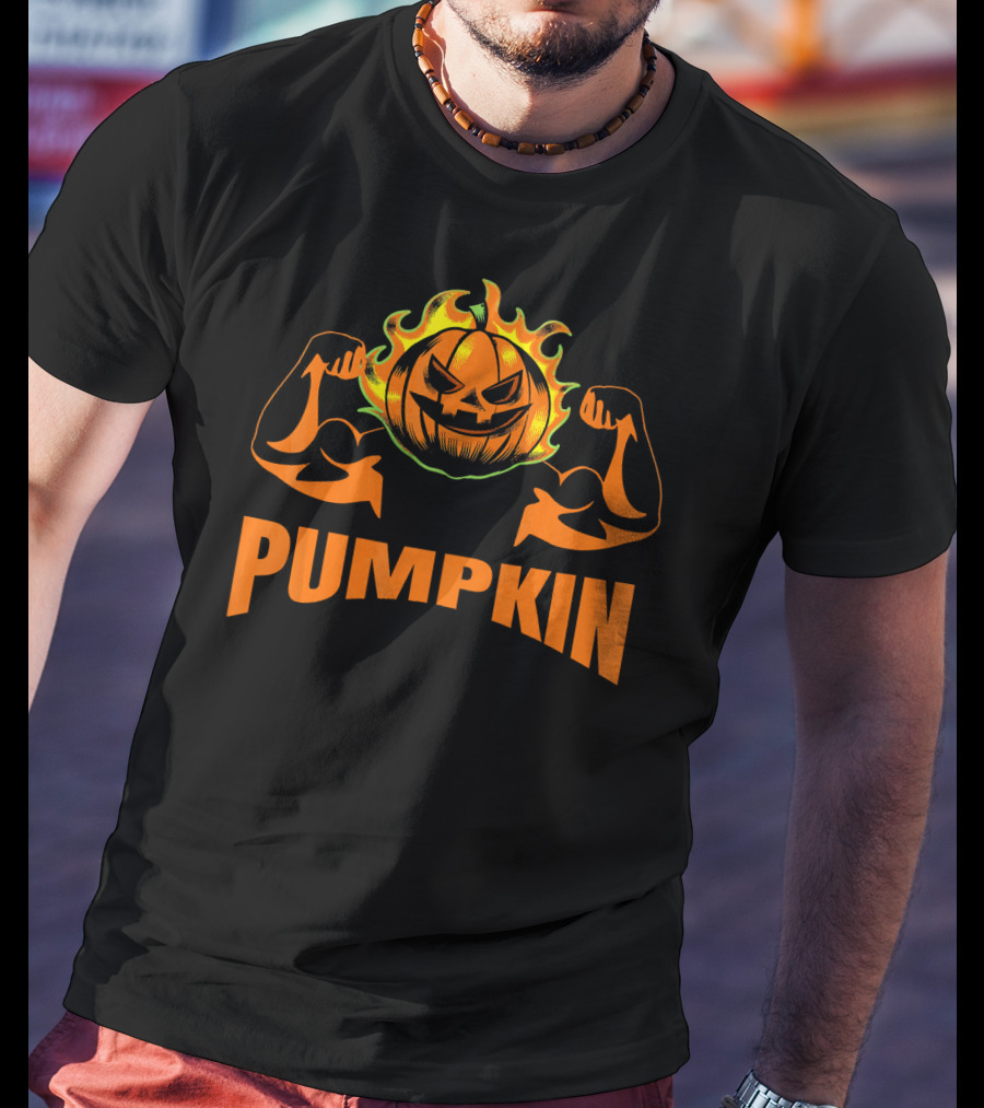 Bodybuilder Pumpkin Halloween Costume Muscles Jack-O'-Lantern T-Shirt