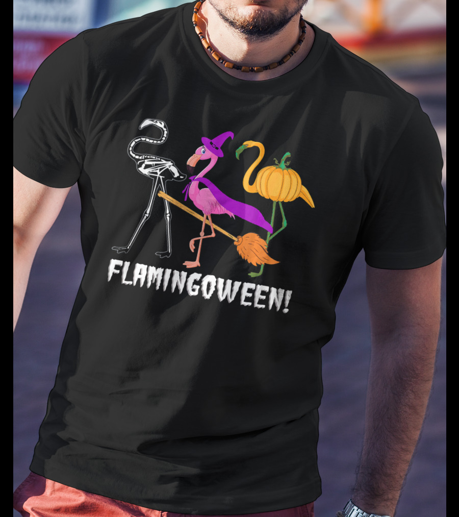 Flamingoween Skeleton Witch Pumpkin Flamingo Halloween T-Shirt