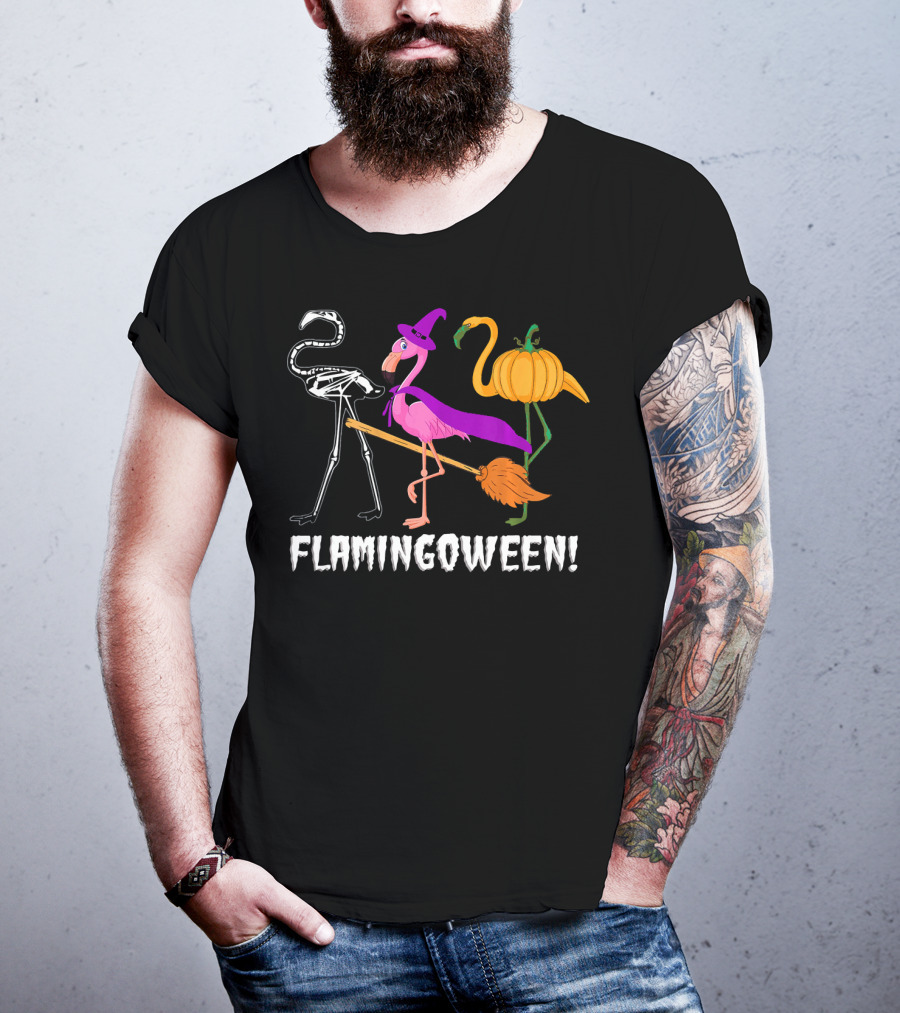 Flamingoween Skeleton Witch Pumpkin Flamingo Halloween T-Shirt
