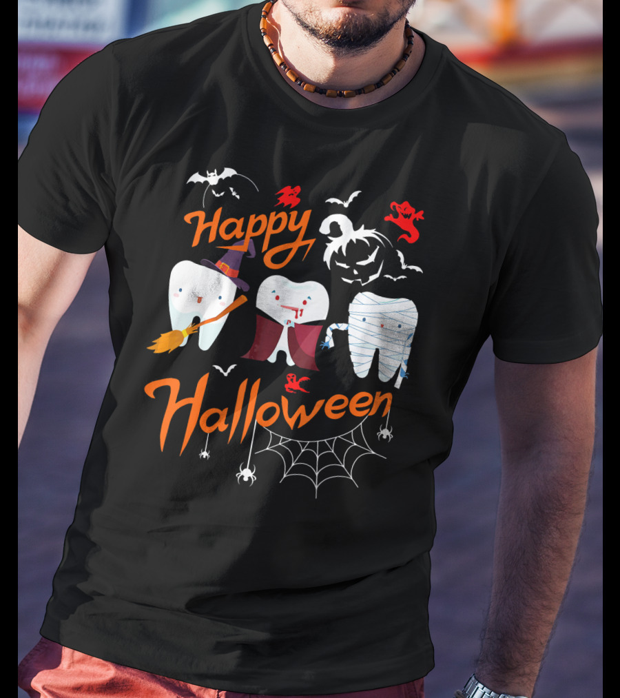 Happy Halloween Witch Vampire Mummy Teeth With Bats And Spiderweb T-Shirt
