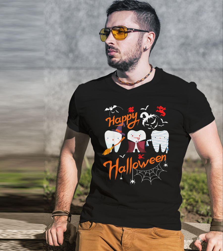 Happy Halloween Witch Vampire Mummy Teeth With Bats And Spiderweb T-Shirt