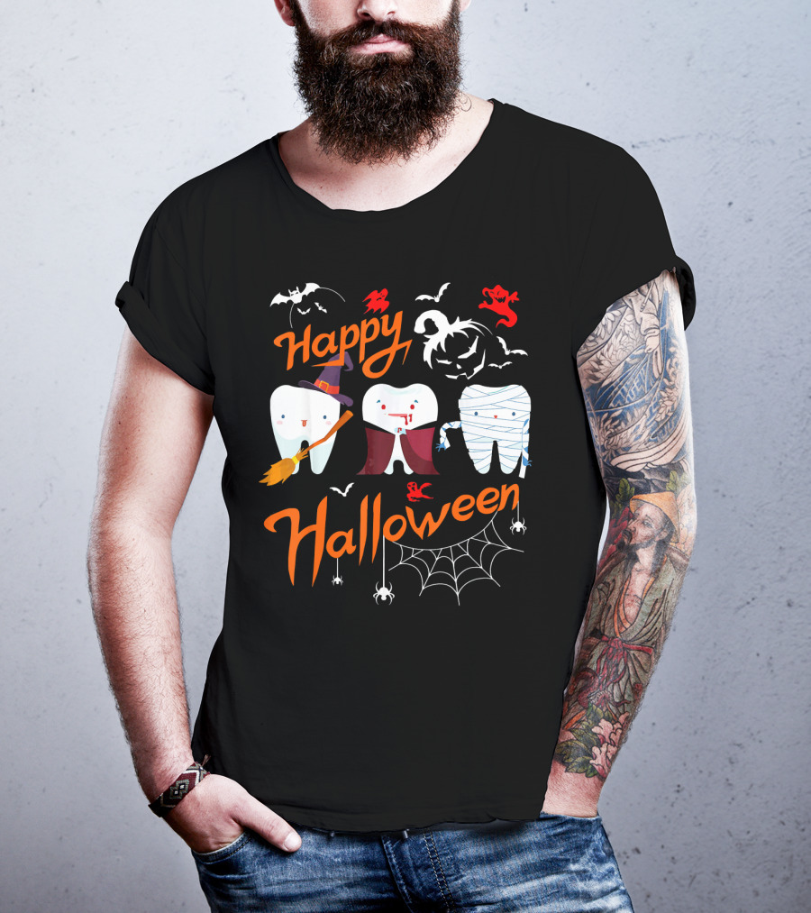 Happy Halloween Witch Vampire Mummy Teeth With Bats And Spiderweb T-Shirt