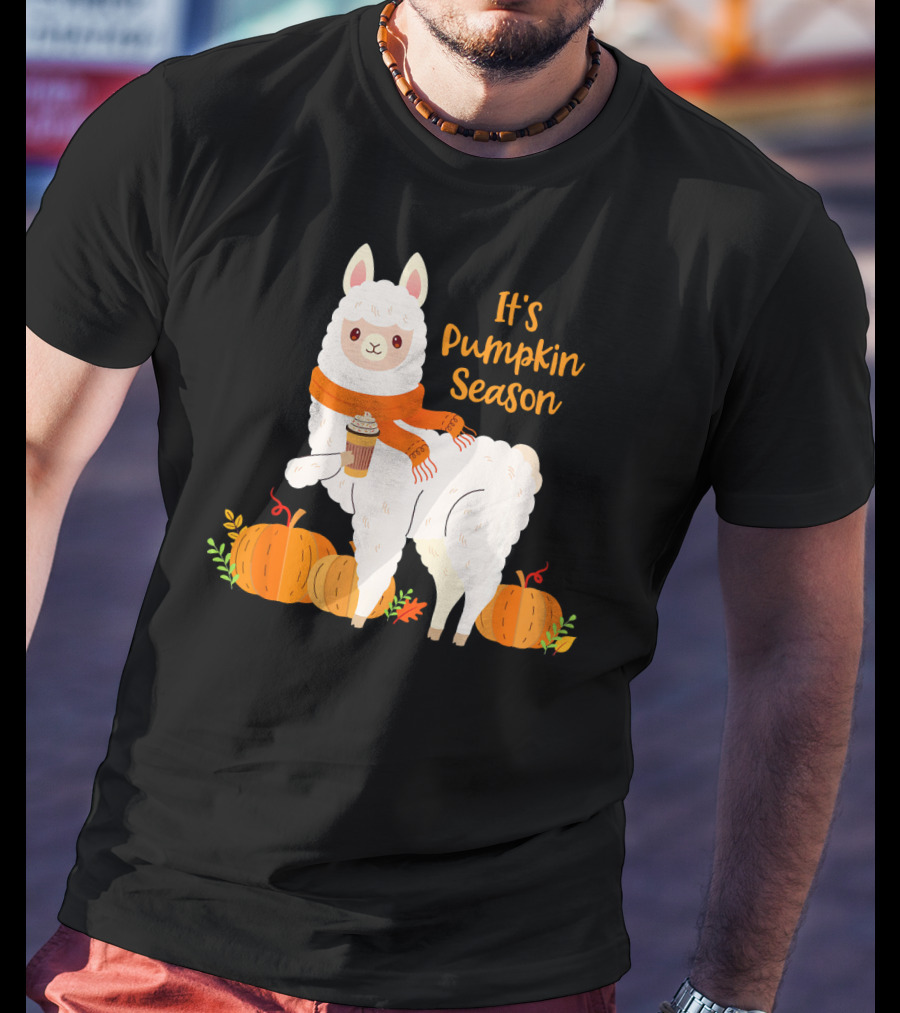 It's Pumpkin Season Llama With Autumn Leaves And Pumpkins T-Shirt