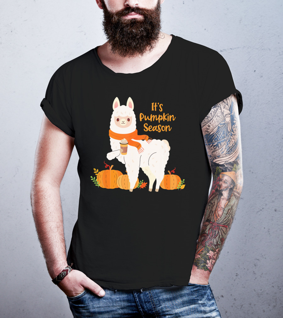 It's Pumpkin Season Llama With Autumn Leaves And Pumpkins T-Shirt