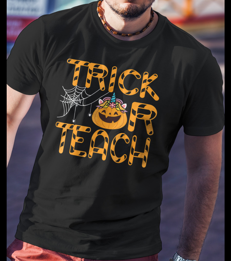 Trick Or Teach Funny Pumpkin Unicorn With Spider Web T-Shirt
