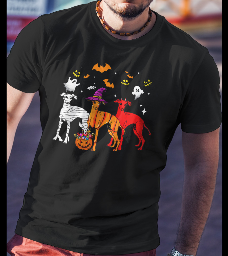 Halloween Italian Greyhound Dogs In Witch, Mummy, And Pumpkin Costumes With Ghosts And Bats T-Shirt