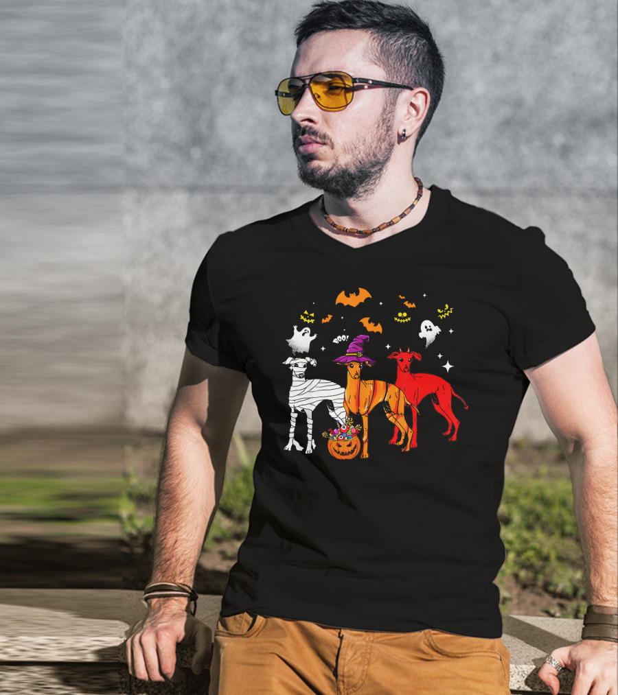 Halloween Italian Greyhound Dogs In Witch, Mummy, And Pumpkin Costumes With Ghosts And Bats T-Shirt