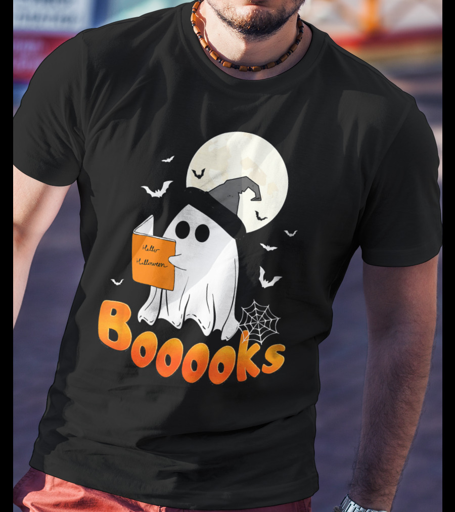 Boooks Ghost Reading Halloween Bats Moon Hat T-Shirt
