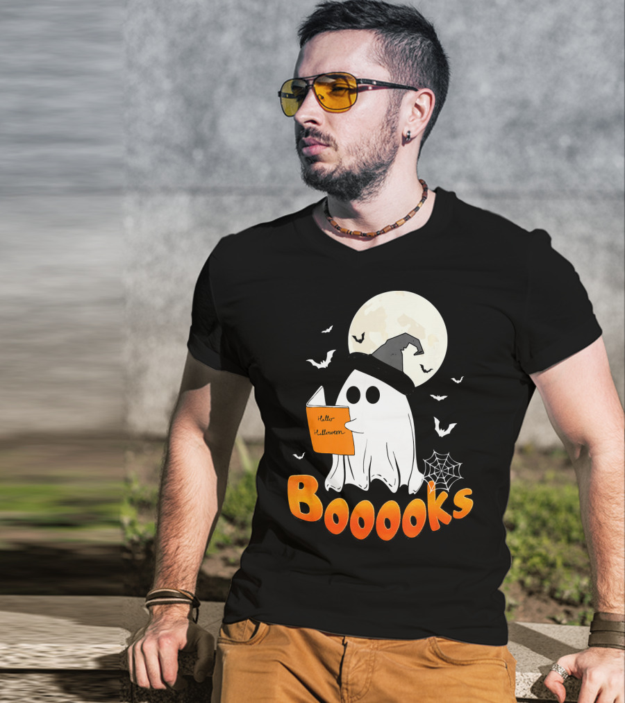Boooks Ghost Reading Halloween Bats Moon Hat T-Shirt