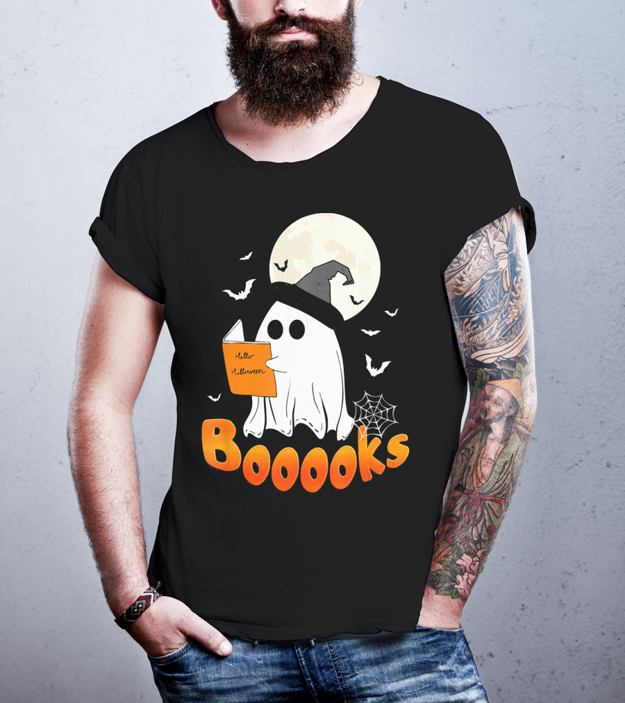 Boooks Ghost Reading Halloween Bats Moon Hat T-Shirt