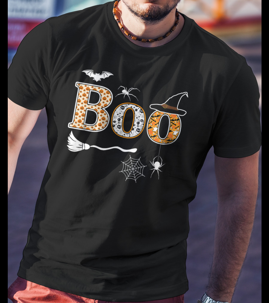 Halloween Boo Pumpkin With Witch Hat And Spider Web T-Shirt