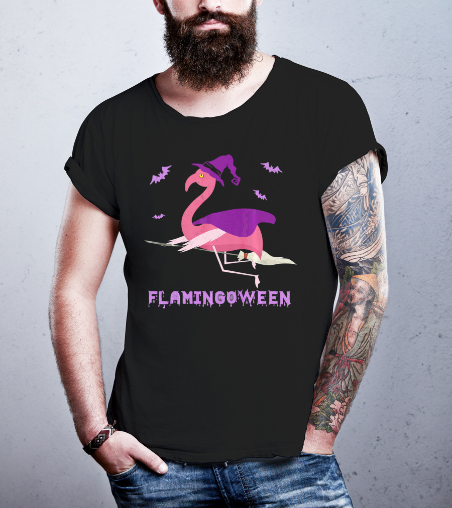 Flamingoween Funny Flamingo Witch With Bats And Broomstick T-Shirt