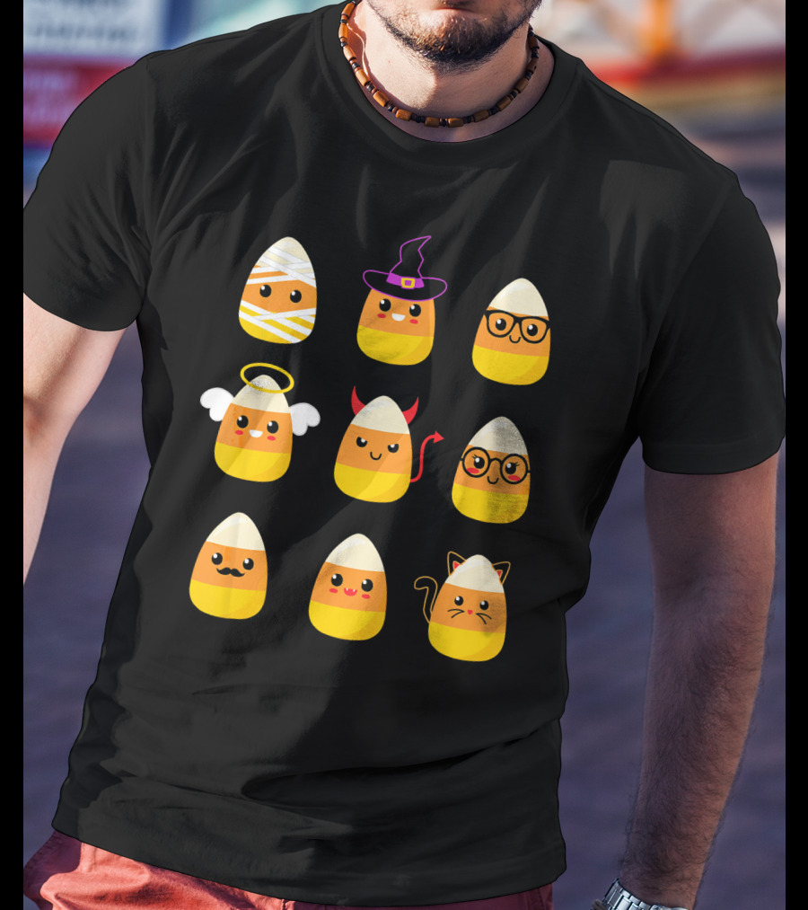 Candy Corn Characters Witch Angel Devil Cat Mummy Nerd Mustache T-Shirt