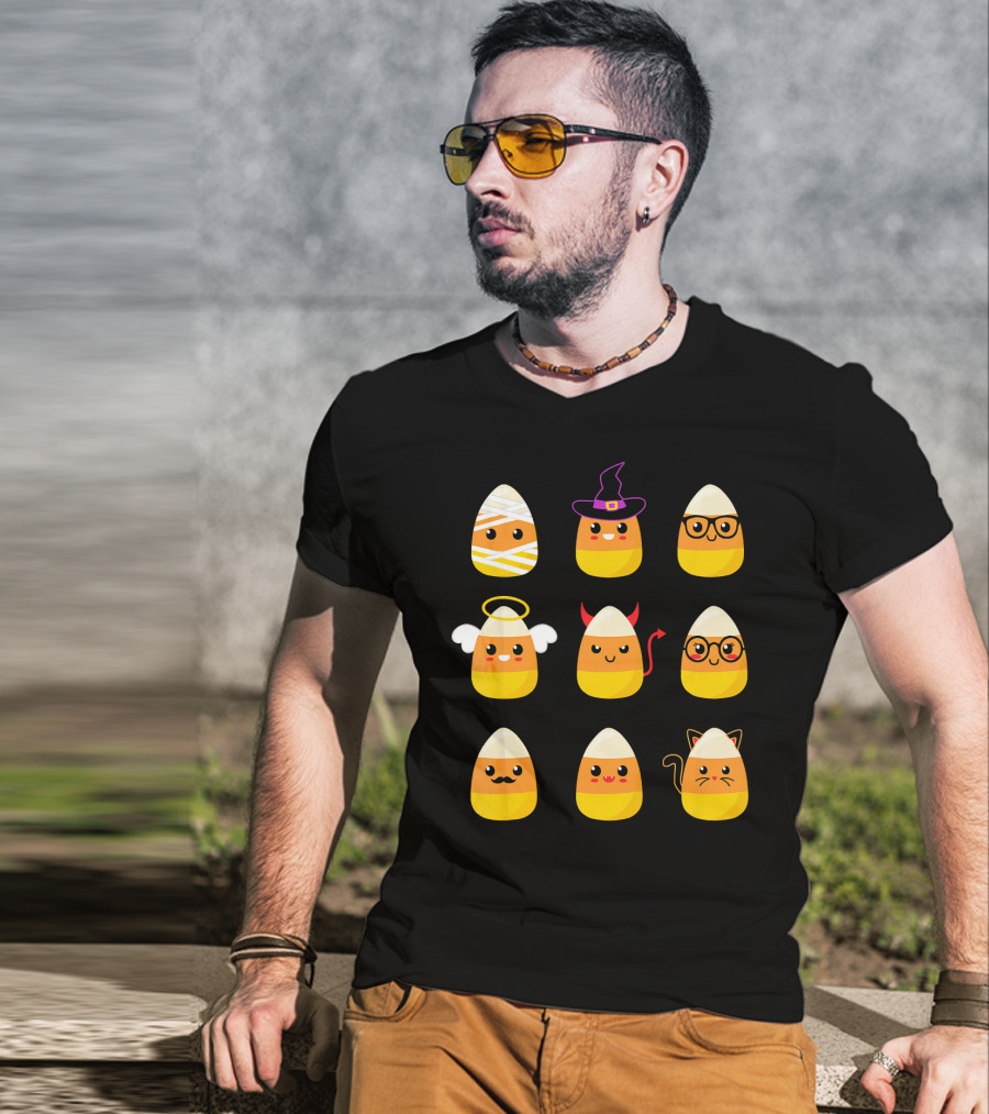 Candy Corn Characters Witch Angel Devil Cat Mummy Nerd Mustache T-Shirt