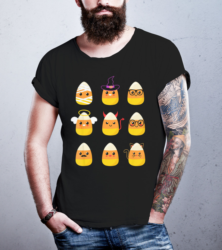 Candy Corn Characters Witch Angel Devil Cat Mummy Nerd Mustache T-Shirt