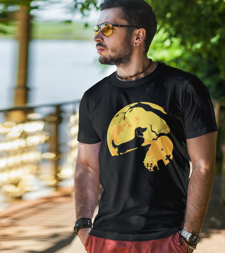 Dachshund Silhouette On Cliff With Full Moon And Halloween Graveyard Scene T-Shirt