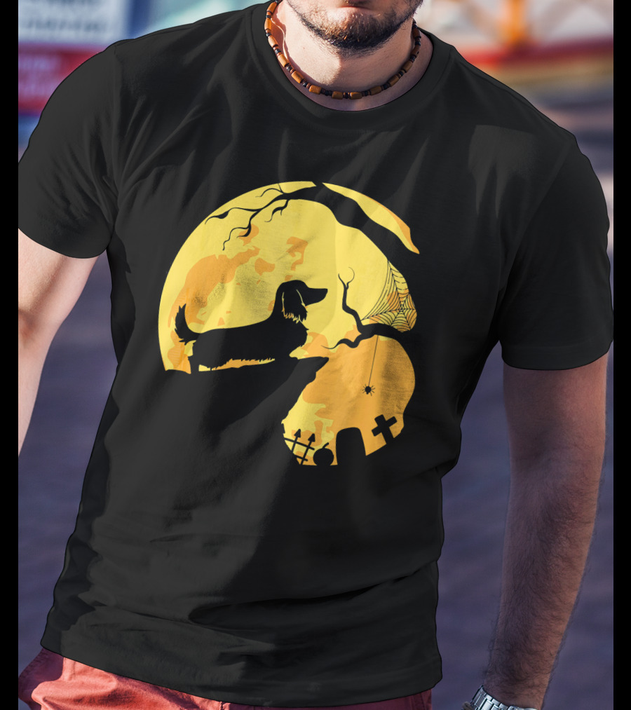 Dachshund Silhouette On Cliff With Full Moon And Halloween Graveyard Scene T-Shirt