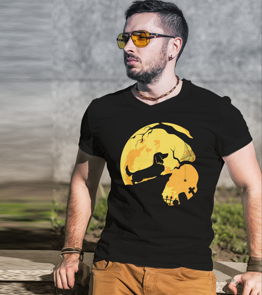 Dachshund Silhouette On Cliff With Full Moon And Halloween Graveyard Scene T-Shirt