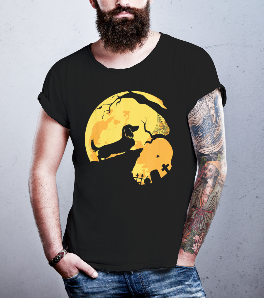 Dachshund Silhouette On Cliff With Full Moon And Halloween Graveyard Scene T-Shirt