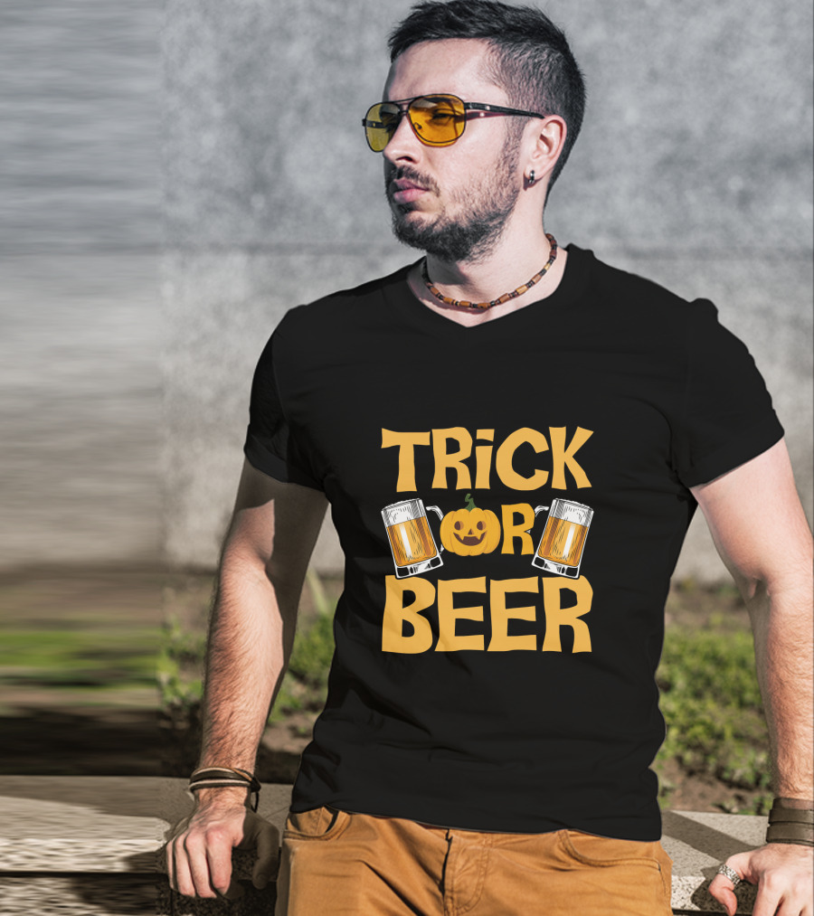 Trick Or Beer Funny Halloween Pumpkin Drinking T-Shirt