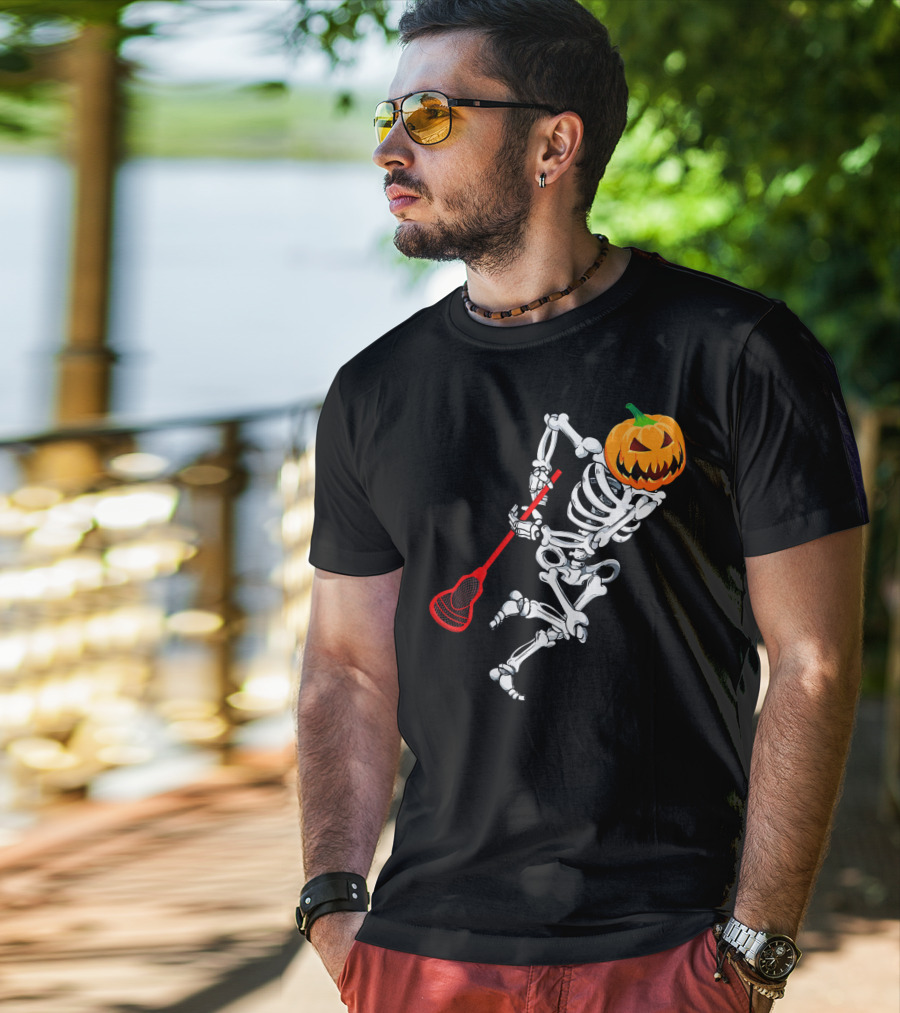 Skeleton Pumpkin Lacrosse Halloween T-Shirt