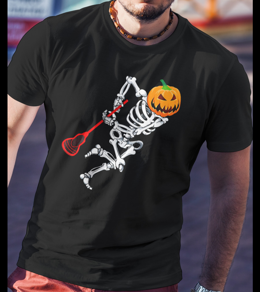 Skeleton Pumpkin Lacrosse Halloween T-Shirt