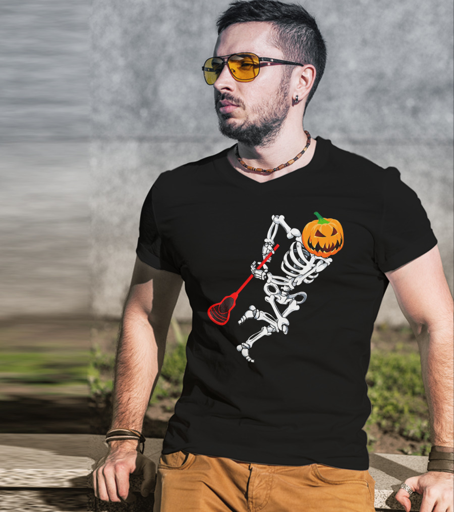 Skeleton Pumpkin Lacrosse Halloween T-Shirt