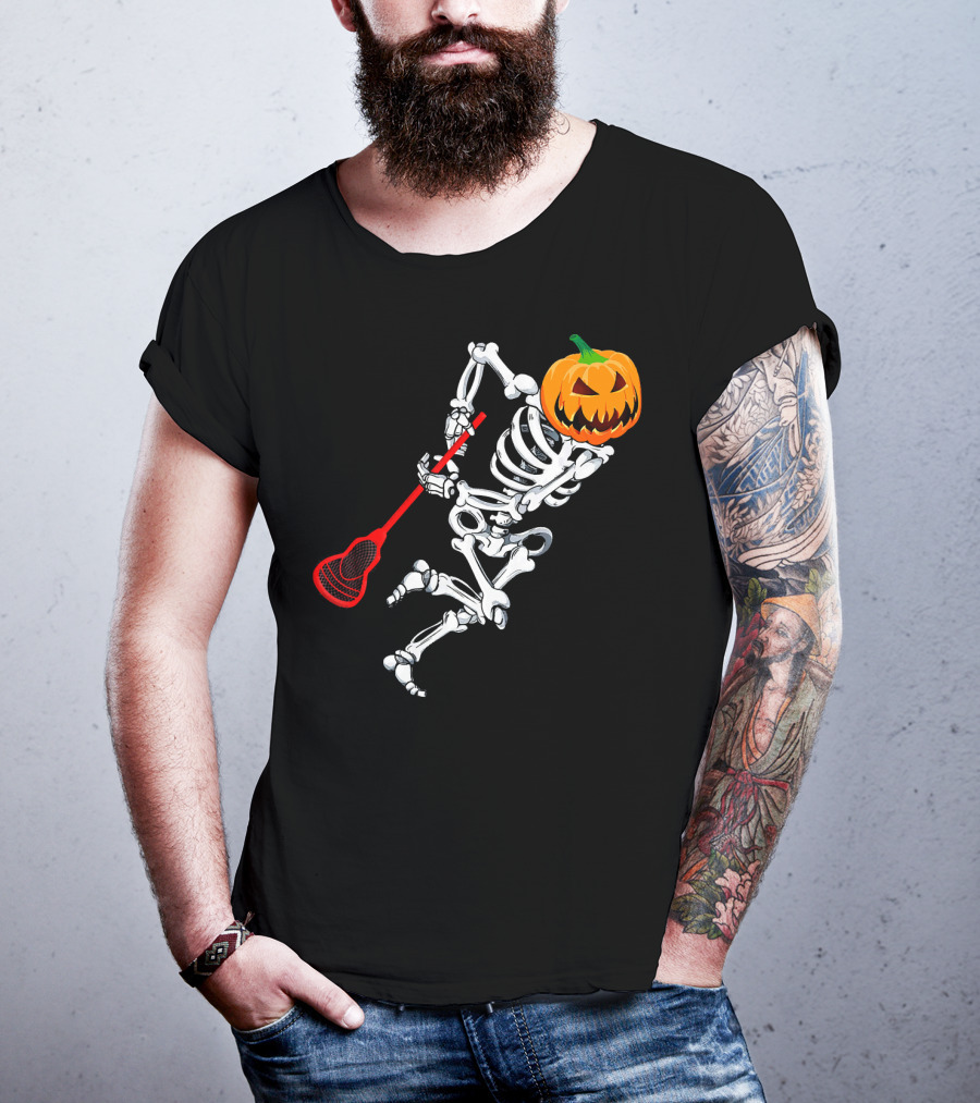 Skeleton Pumpkin Lacrosse Halloween T-Shirt