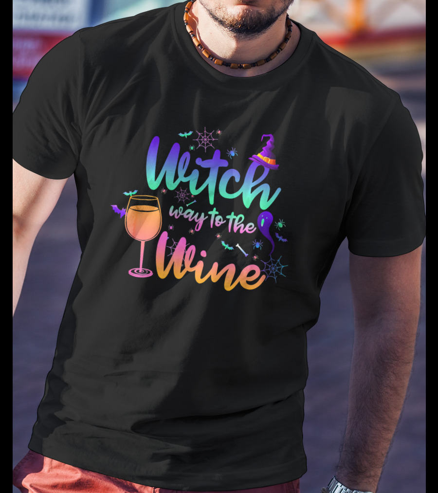Witch Way To The Wine Halloween Drinking Colorful Witch Hat Wine Glass Spiders Bats T-Shirt