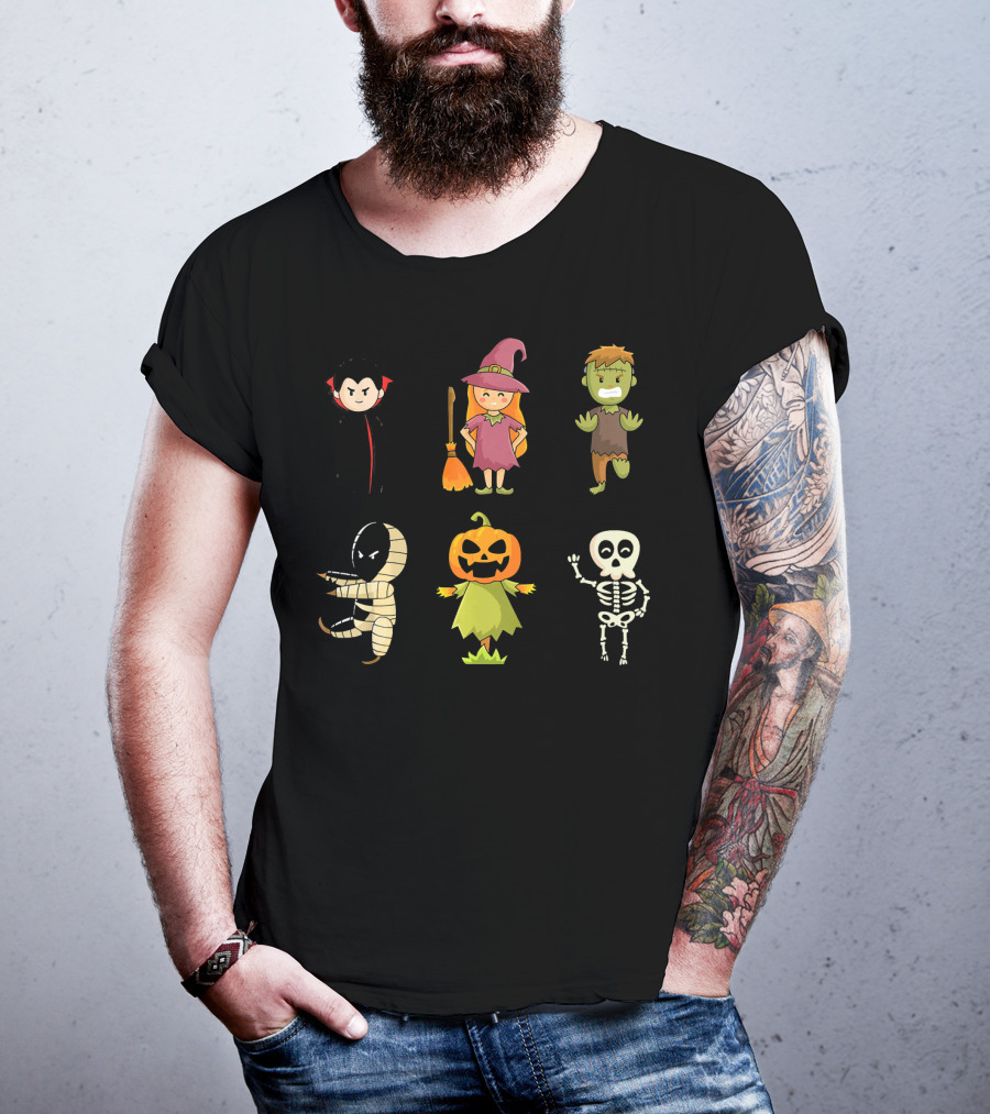 Halloween Characters Dracula Zombie Witch Pumpkin Mummy Skeleton T-Shirt