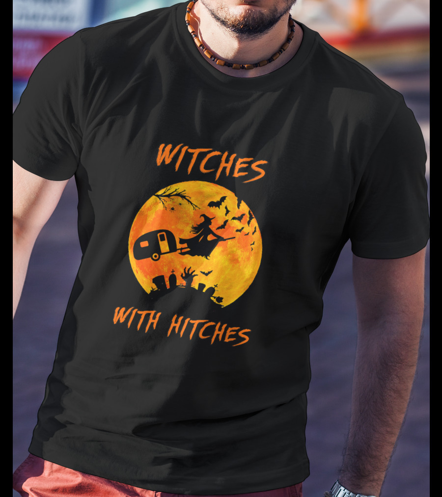 Witches With Hitches Halloween Moon Bats Graveyard Scene T-Shirt