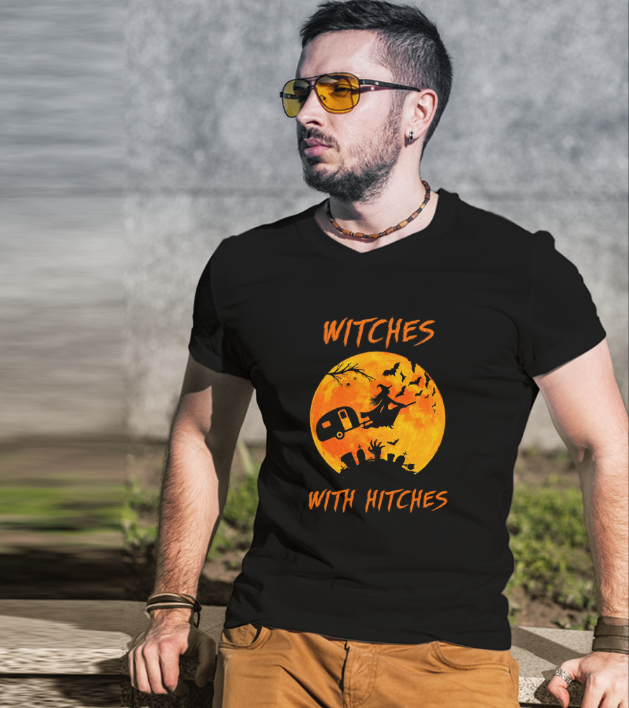 Witches With Hitches Halloween Moon Bats Graveyard Scene T-Shirt
