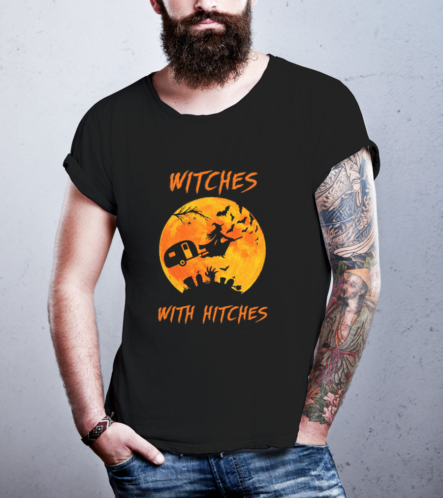 Witches With Hitches Halloween Moon Bats Graveyard Scene T-Shirt