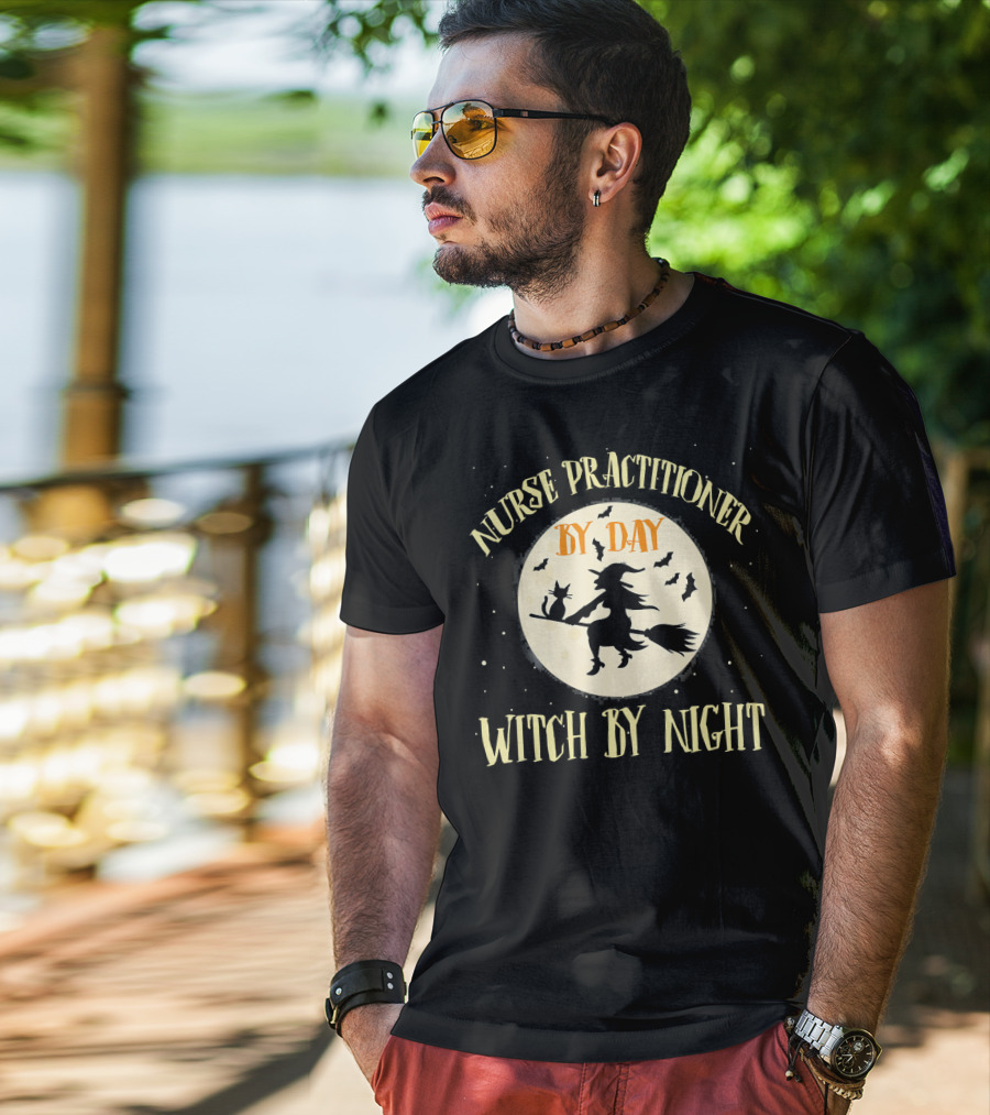 Nurse Practitioner By Day Witch By Night Flying Witch Silhouette Moon Bats T-Shirt