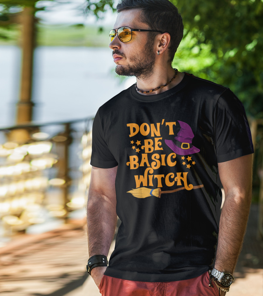 Don't Be Basic Witch Purple Hat Broom Stars T-Shirt