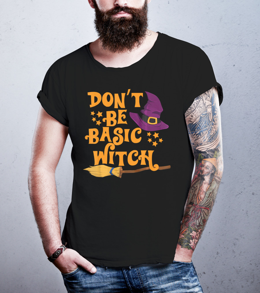 Don't Be Basic Witch Purple Hat Broom Stars T-Shirt