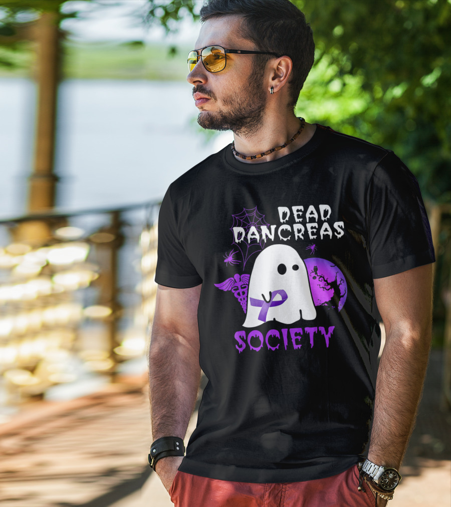 Dead Pancreas Society Ghost With Purple Ribbon Halloween T-Shirt