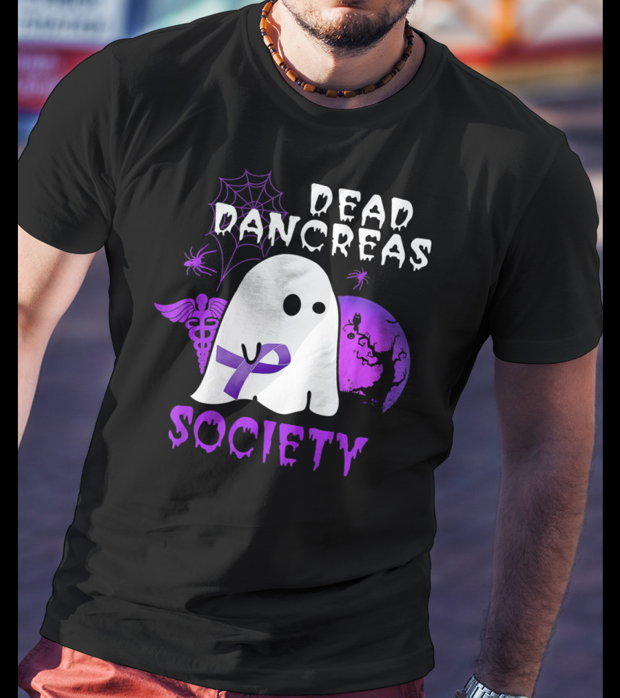 Dead Pancreas Society Ghost With Purple Ribbon Halloween T-Shirt
