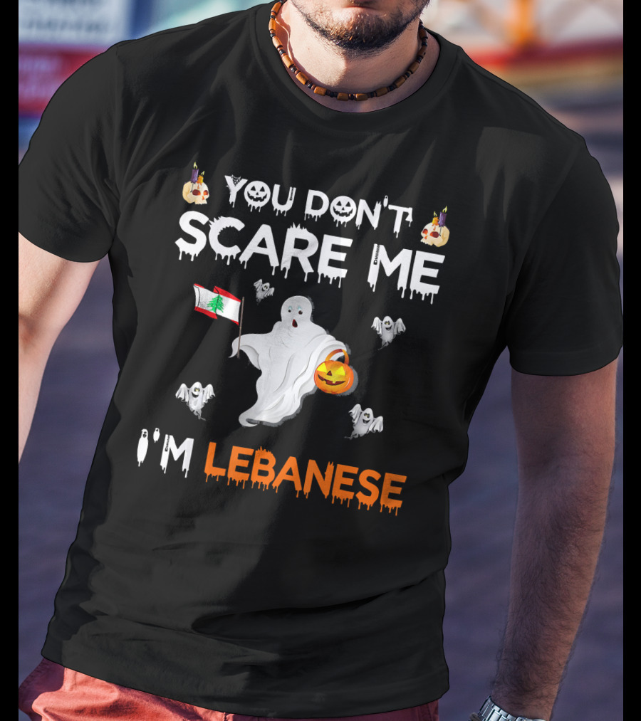 You Don't Scare Me I'm Lebanese Ghost With Lebanese Flag And Pumpkin Halloween T-Shirt
