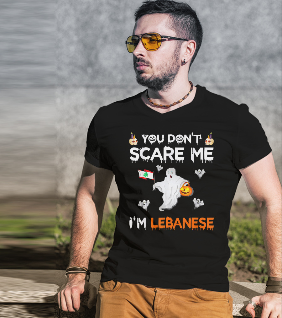 You Don't Scare Me I'm Lebanese Ghost With Lebanese Flag And Pumpkin Halloween T-Shirt