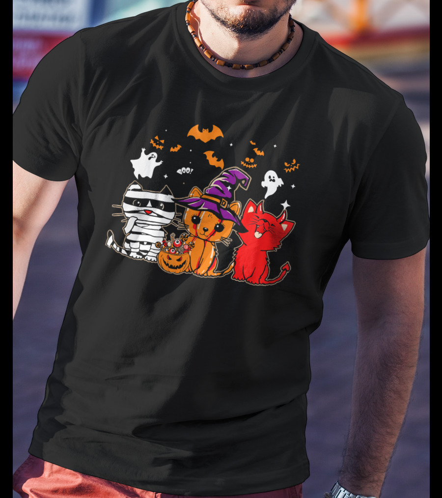 Funny Cat Trio In Halloween Costumes With Ghosts And Pumpkins T-Shirt